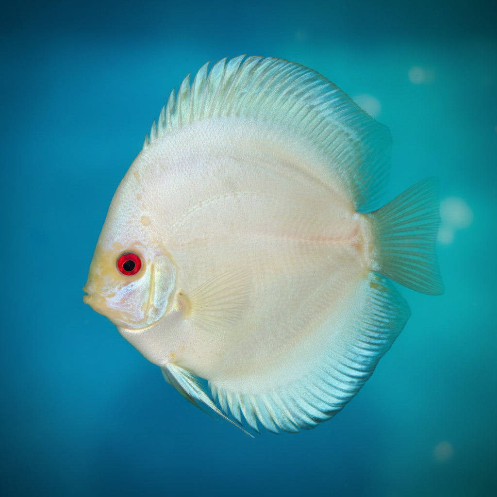 Platinum Blue Discus fish with luminous pale blue-white body, red eye and elegant fins – TANAQUALIFE