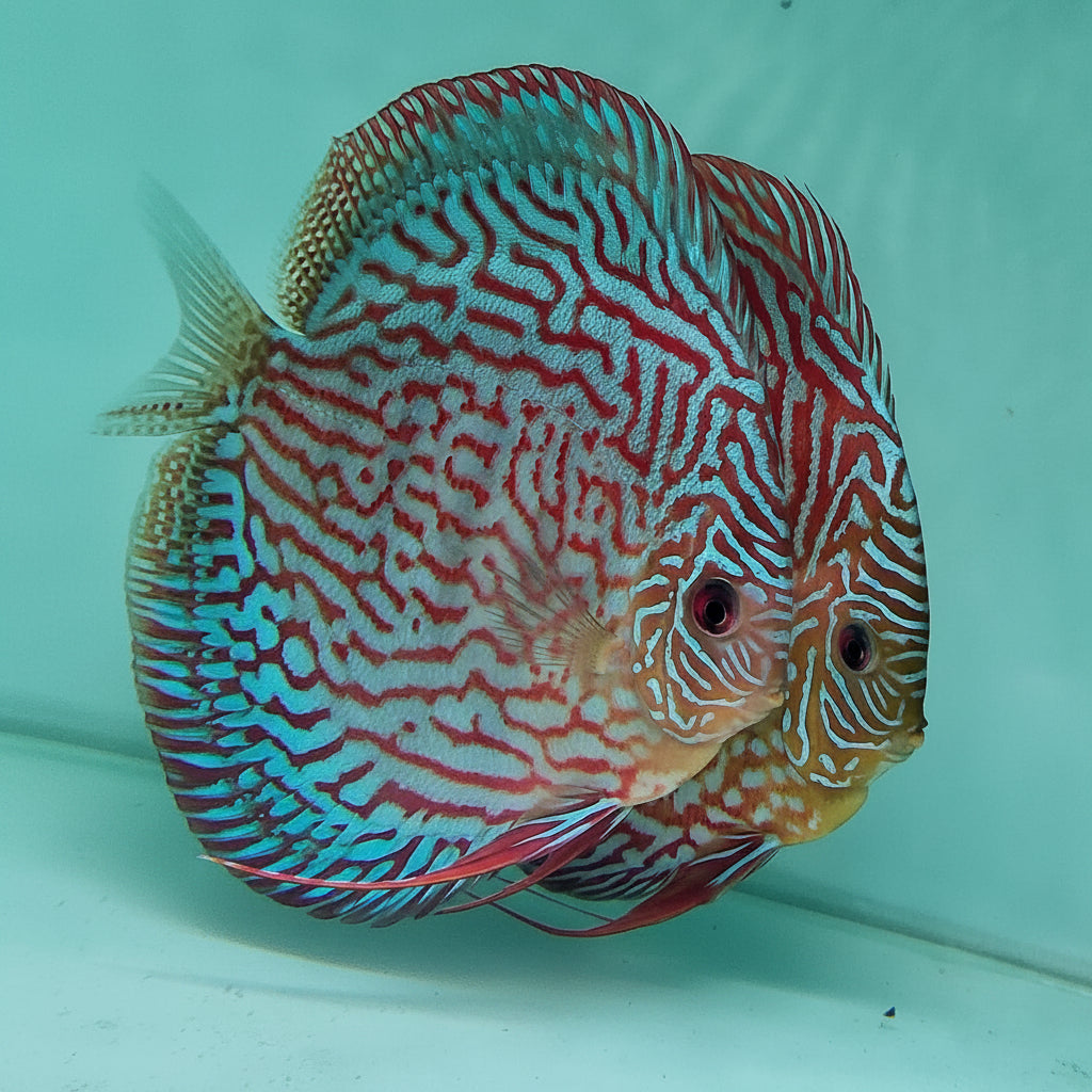 Galaxy Turquoise Discus fish with vibrant turquoise-blue body and intricate red maze pattern – TANAQUALIFE