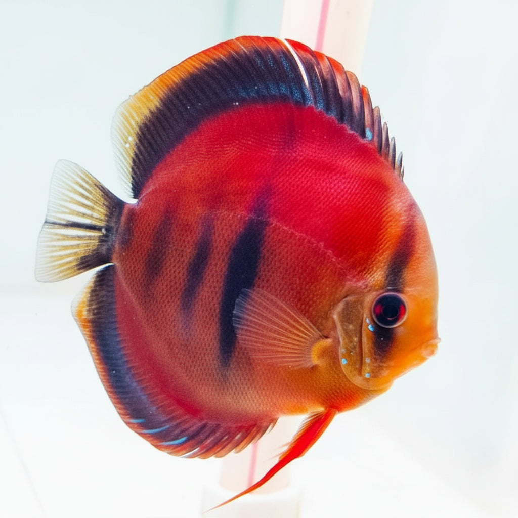 Ica Red Discus fish with vibrant red-orange body, dark vertical bars and contrasting fins – TANAQUALIFE