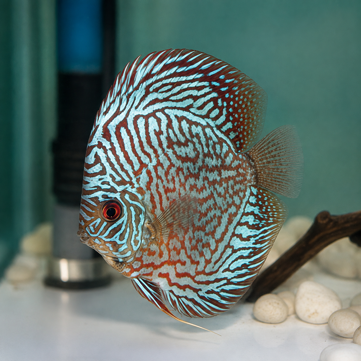 Tiger Turquoise Discus fish with brilliant turquoise-blue tiger pattern and reddish-brown body – TANAQUALIFE