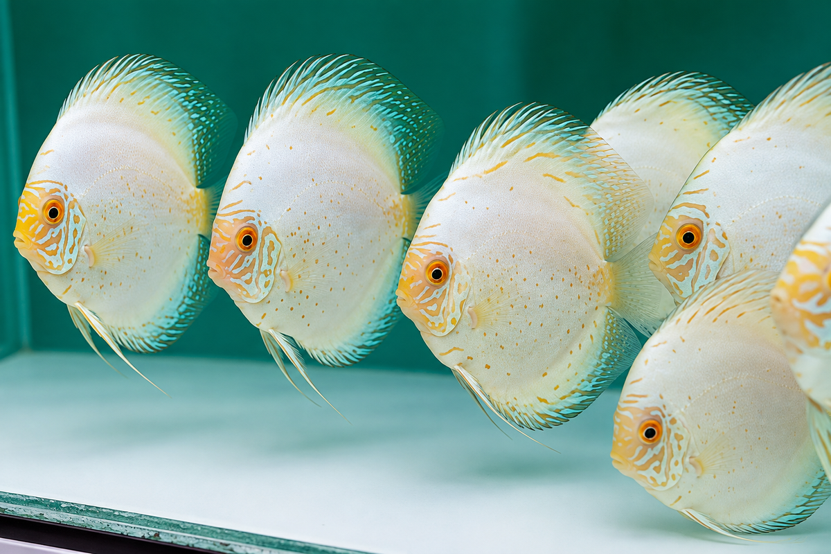White Butterfly Discus fish with creamy white body, golden-yellow markings and turquoise fin accents – TANAQUALIFE