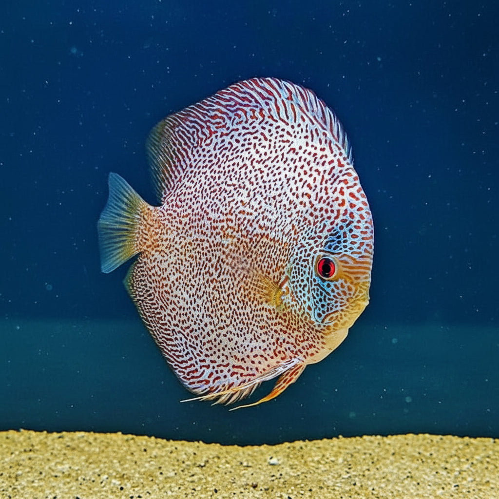 Red Kukri Eruption Discus Fish with vibrant red pattern and contrasting body coloration