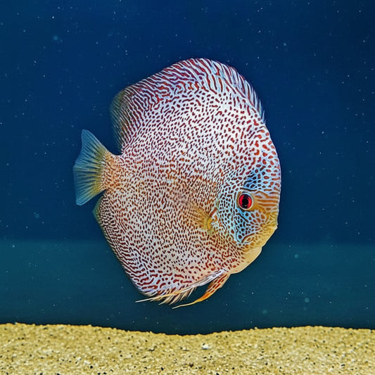 Red Kukri Eruption Discus Fish with vibrant red pattern and contrasting body coloration